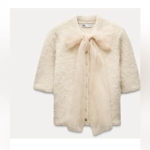 Zara Kids Cream Textured cardigan with Sheer Bow 2756/126